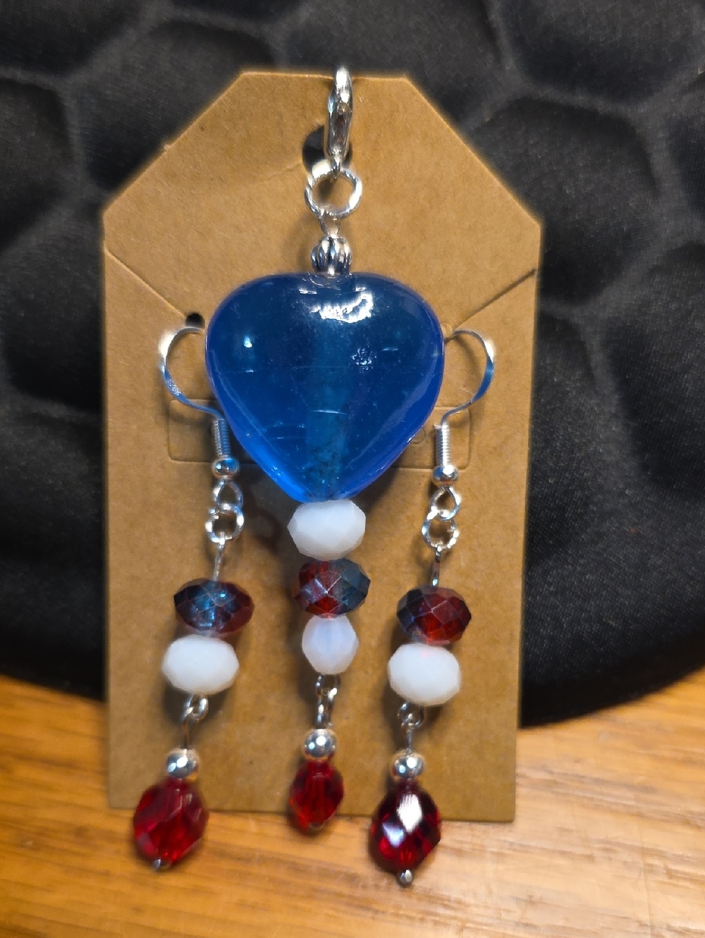 Patriotic Blue Heart Glass Pendant and Red Bead Drop Earrings